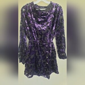 Velvet Floral Burnout Long Sleeve Dress in Purple and Black